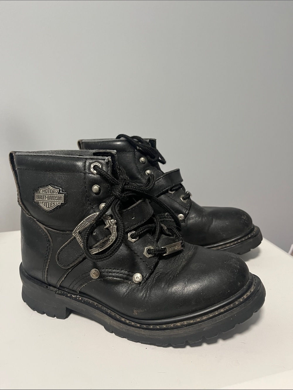 Harley-Davidson Kids Black Leather Ankle Boots with Metal Logo
